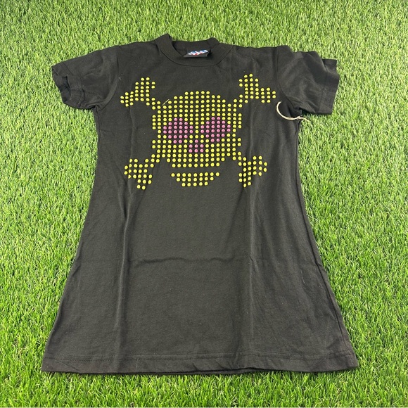 Lite Brite Yellow Skull T SHIRT Juniors Tee  JUNK FOOD sz Large Blackwash 2007 - Picture 1 of 12